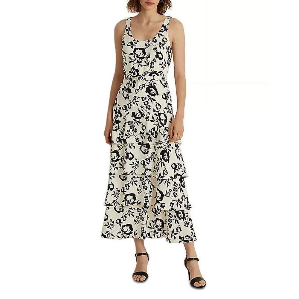 Ralph Lauren LRL Tiered Maxi Dress Size 4 Black White Floral Ruffle Belted